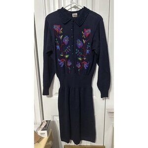 Vintage Darian Sweater Dress Blue Medium Embroidered Floral Western